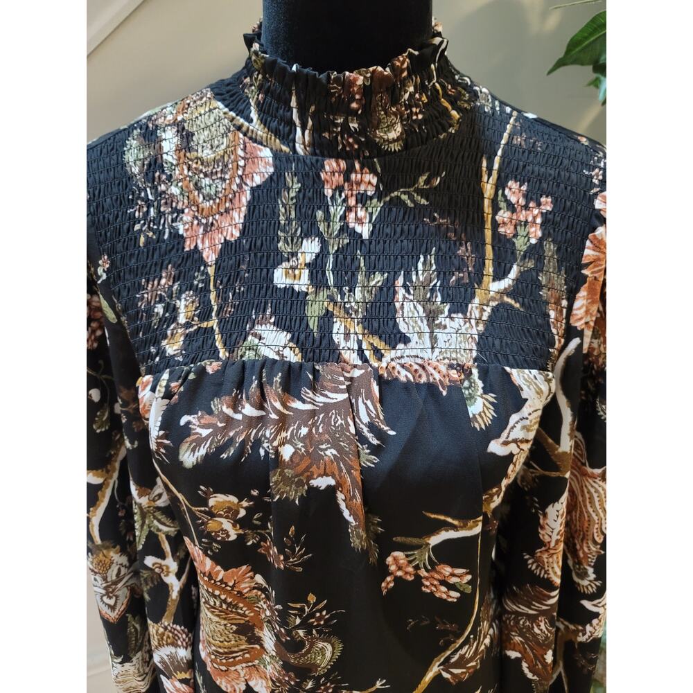 Maison D' Amelie Blouse Women's Small Black Floral Smocked Mock Neck Long Sleeve - Picture 3 of 11